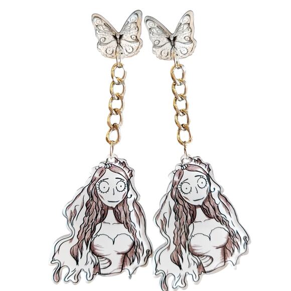 Corpse Bride Earrings Gothic Butterfly Chain Dangle Bride Halloween NWT 3.5" - Picture 12 of 12